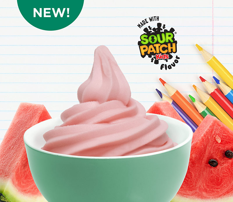 Yogurtland watermelon sorbet frozen yogurt - made with SOUR PATCH KIDS flavor!