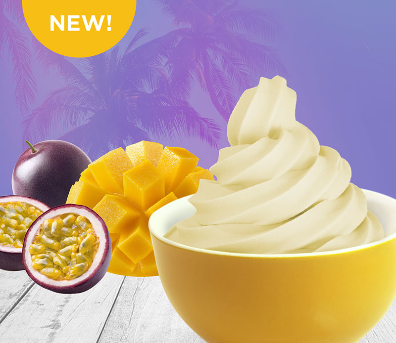 Yogurtland frozen yogurt alongside passion fruit and mango.
