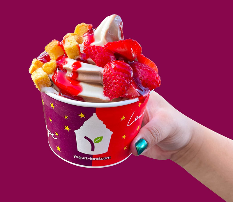 A hand holding a bowl of Yogurtland frozen yogurt with strawberry and cake toppings