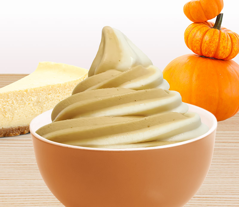 A bowl of Yogurtland frozen yogurt in front of stacked pumpkins and a slice of cheesecake