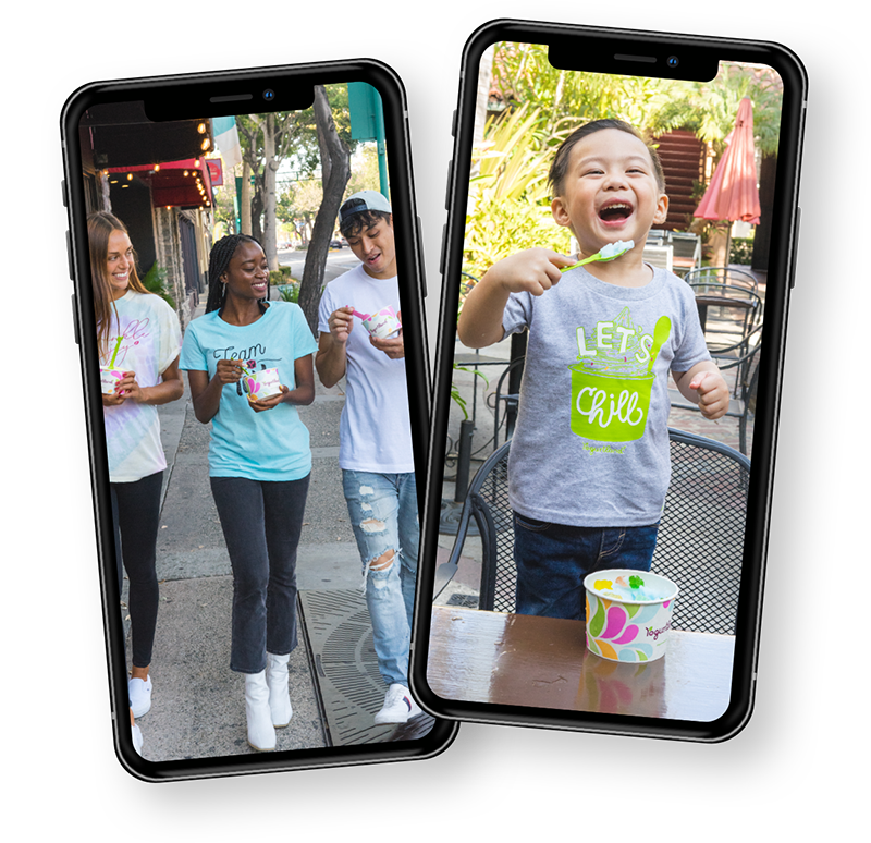 Two phone devices displaying people enjoying Yogurtland frozen yogurt.